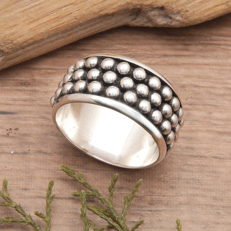 Men's Polka-Dot Patterned Sterling Silver Band Ring 'Hero's Dots'