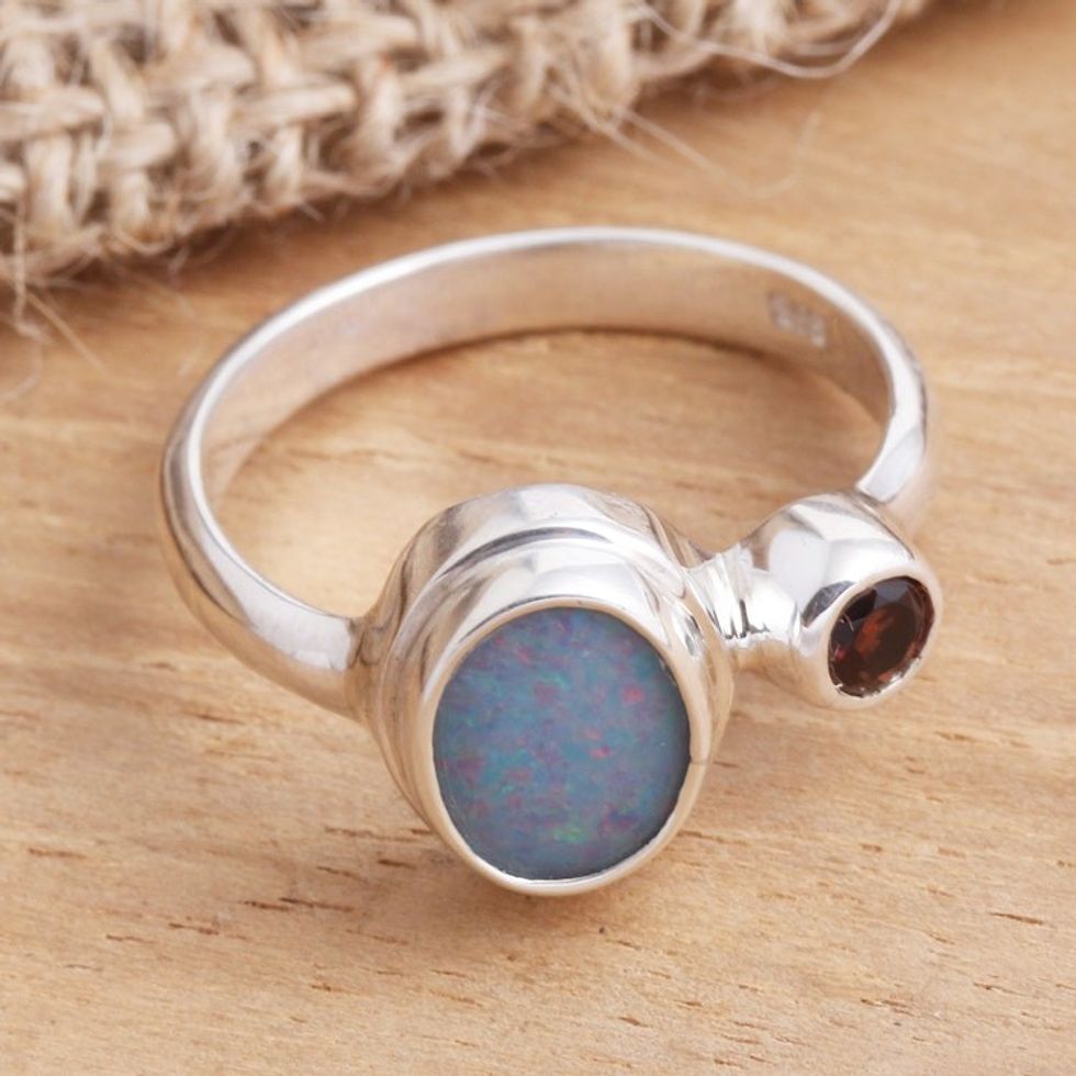 Opal and Garnet Sterling Silver Cocktail Ring 'Carrier of Light in Red'