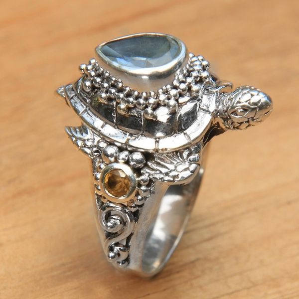 Alternate image for Turtle Theme Multi Gemstone Cocktail Ring from Bali Sea Turtle Enchantment