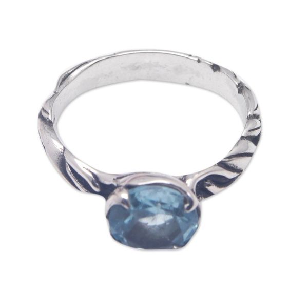 Alternate image for Ocean-Themed Sterling Silver Ring with Faceted Blue Topaz Marine Gem