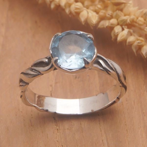 Alternate image for Ocean-Themed Sterling Silver Ring with Faceted Blue Topaz Marine Gem