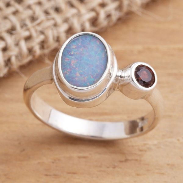 Alternate image for Opal and Garnet Sterling Silver Cocktail Ring Carrier of Light in Red