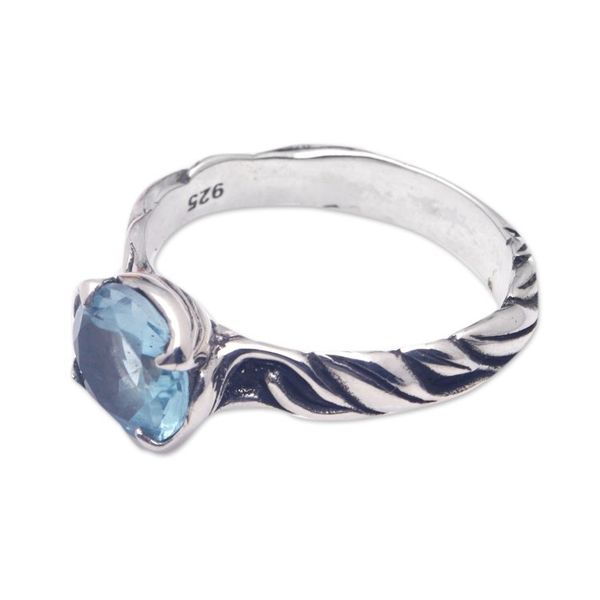Alternate image for Ocean-Themed Sterling Silver Ring with Faceted Blue Topaz Marine Gem