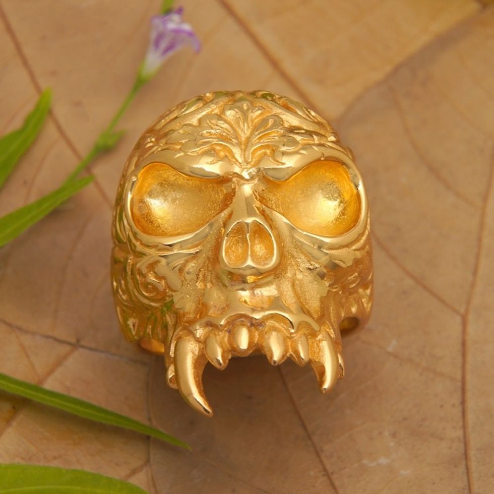 Skull-Shaped 22k Gold-Plated Cocktail Ring from Bali 'Trunyan Emissary'