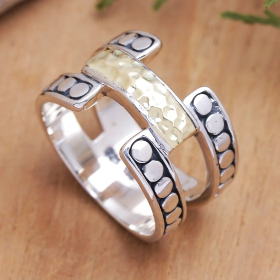Band Ring with A Hammered Finish 18k Gold-Plated Accent 'Armadillo Glam'