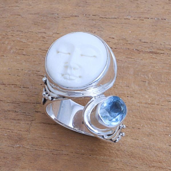 Alternate image for Blue Topaz and Bone Face Cocktail Ring from Bali Sparkling Face