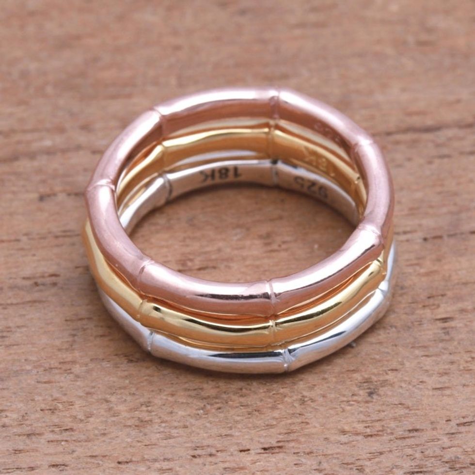 3 Bamboo Motif Rings in Silver, Gold and Rose Gold 'Bamboo Trio'