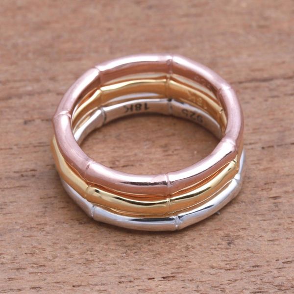 Alternate image for 3 Bamboo Motif Rings in Silver, Gold and Rose Gold Bamboo Trio