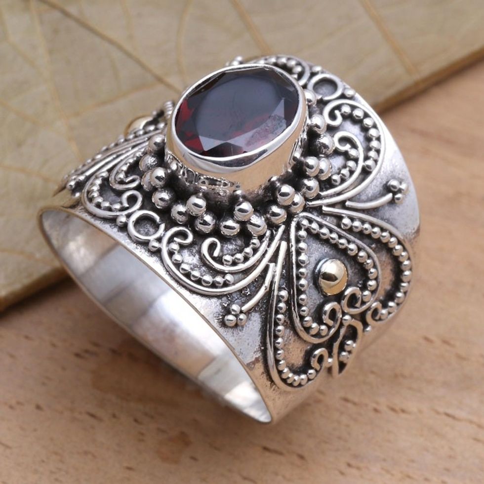 Balinese Silver and Oval Garnet Ring with Gold Accents 'Oval Crimson Glow'