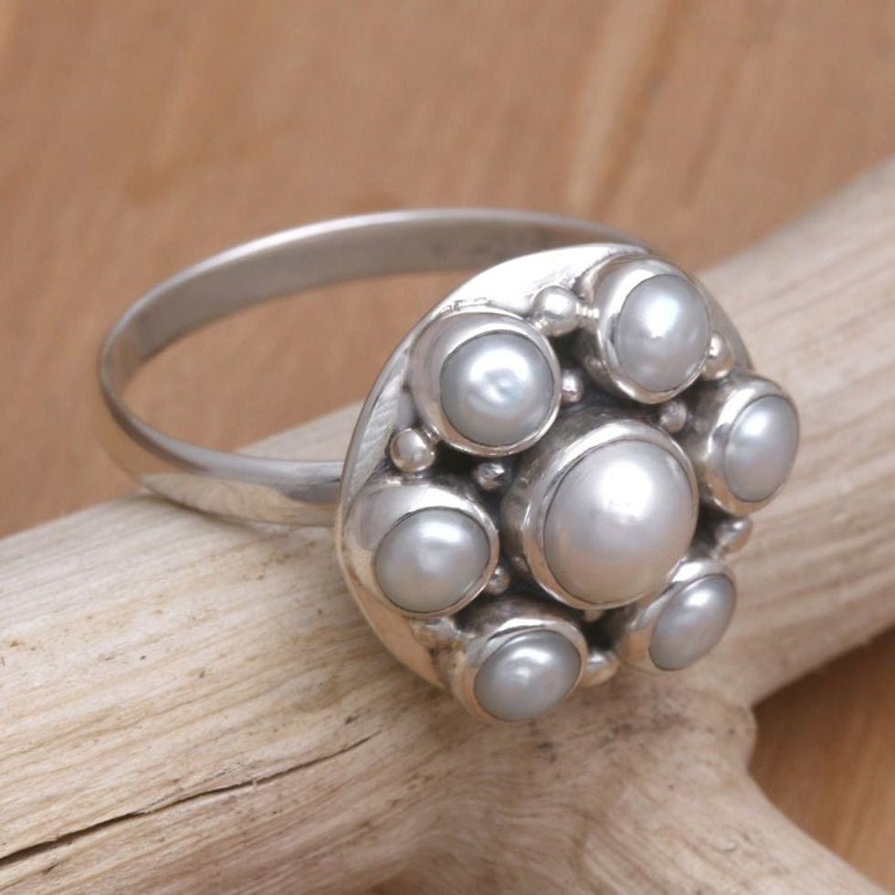 Sterling Silver and Pearl Cluster Ring 'White Rose'