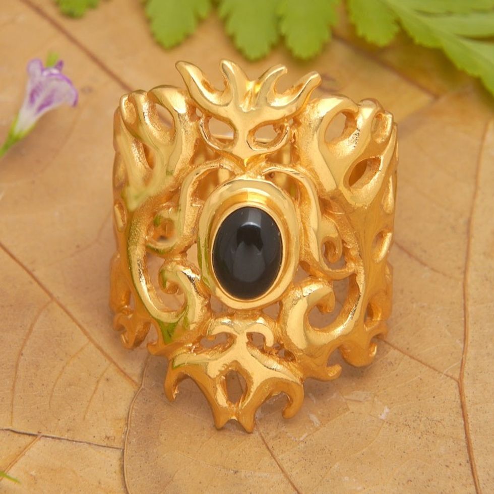 Traditional 22k Gold-Plated Cocktail Ring with Onyx Cabochon 'Flaming Mysticism'