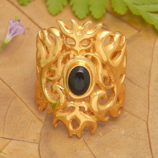 Alternate image for Traditional 22k Gold-Plated Cocktail Ring with Onyx Cabochon Flaming Mysticism