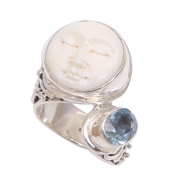 Alternate image for Blue Topaz and Bone Face Cocktail Ring from Bali Sparkling Face
