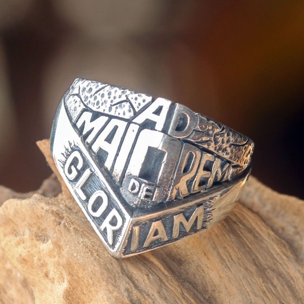 Artisan Crafted Men's Spiritual Ring in Sterling Silver 'Ad Maiorem Dei Gloriam'