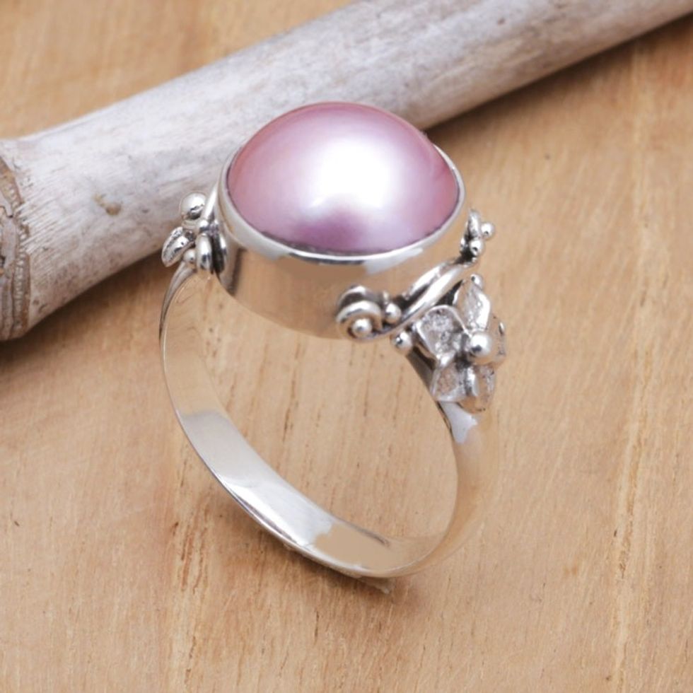 Floral Pink Cultured Pearl Cocktail Ring from Bali 'Jepun Joy'