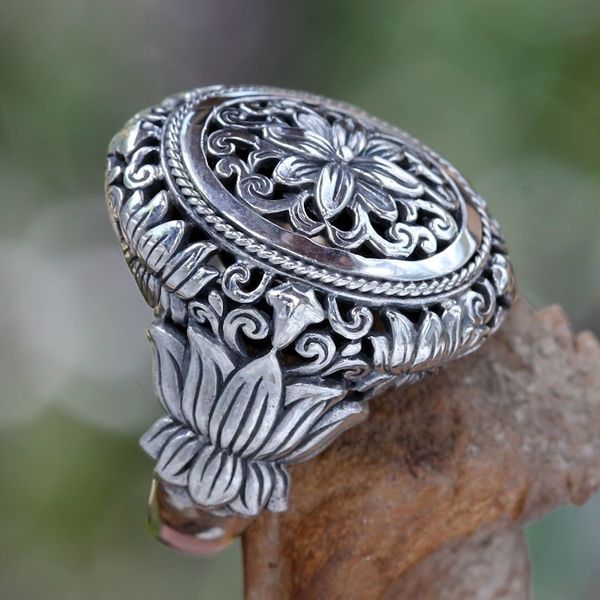 Alternate image for Hand Made Floral Sterling Silver Cocktail Ring Precious Lotus