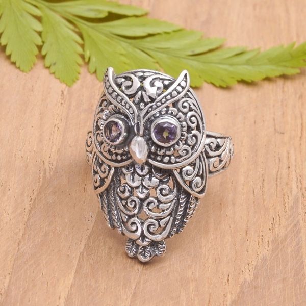 Alternate image for Amethyst and Sterling Silver Owl Cocktail Ring from Bali Purple Baby Owl