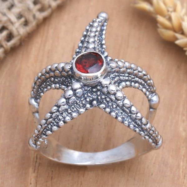 Alternate image for Garnet Sterling Silver Starfish Cocktail Ring from Bali Red Starfish