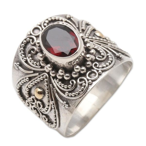 Alternate image for Balinese Silver and Oval Garnet Ring with Gold Accents Oval Crimson Glow