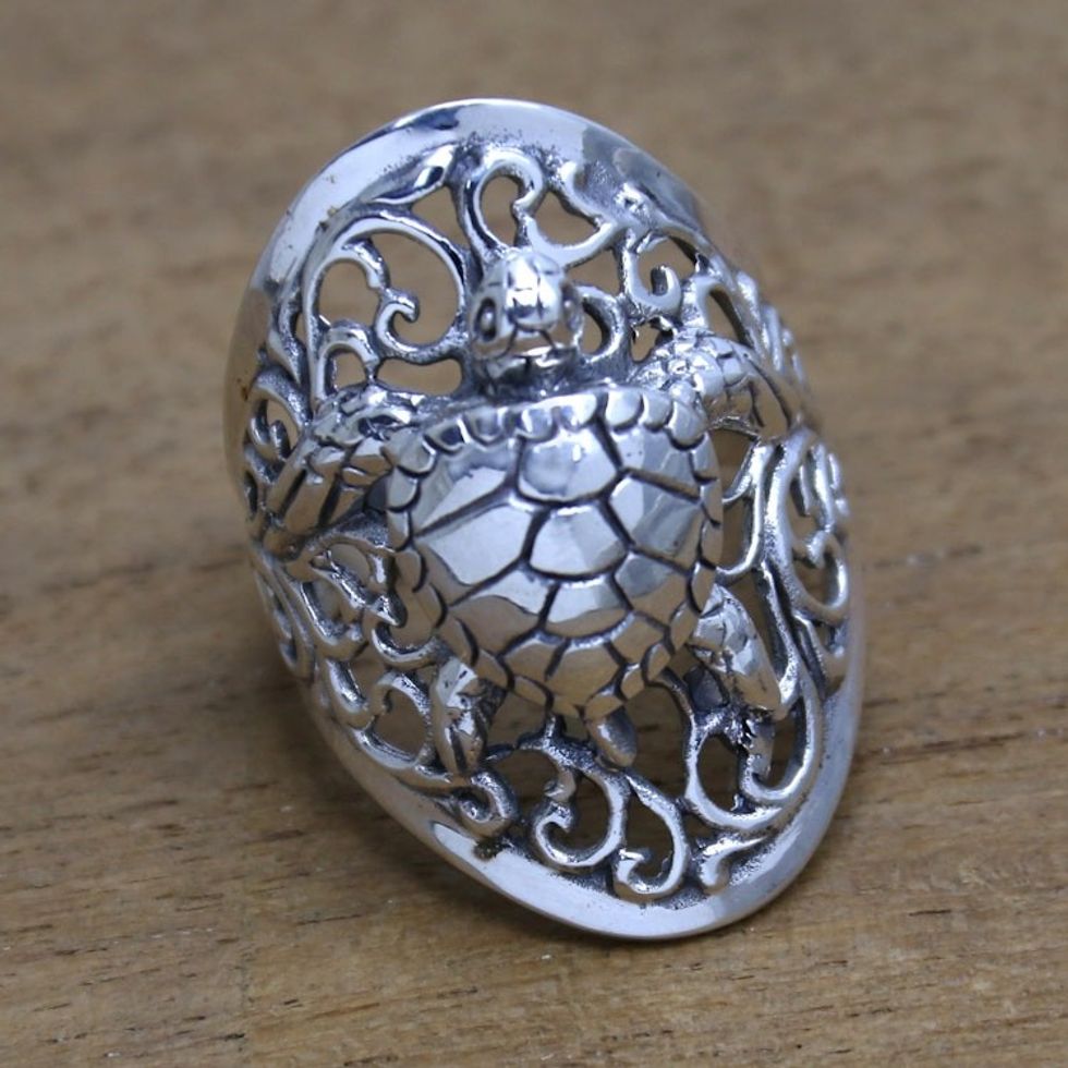 Sea Turtle Sterling Silver Cocktail Ring from Bali 'Elegant Sea Turtle'