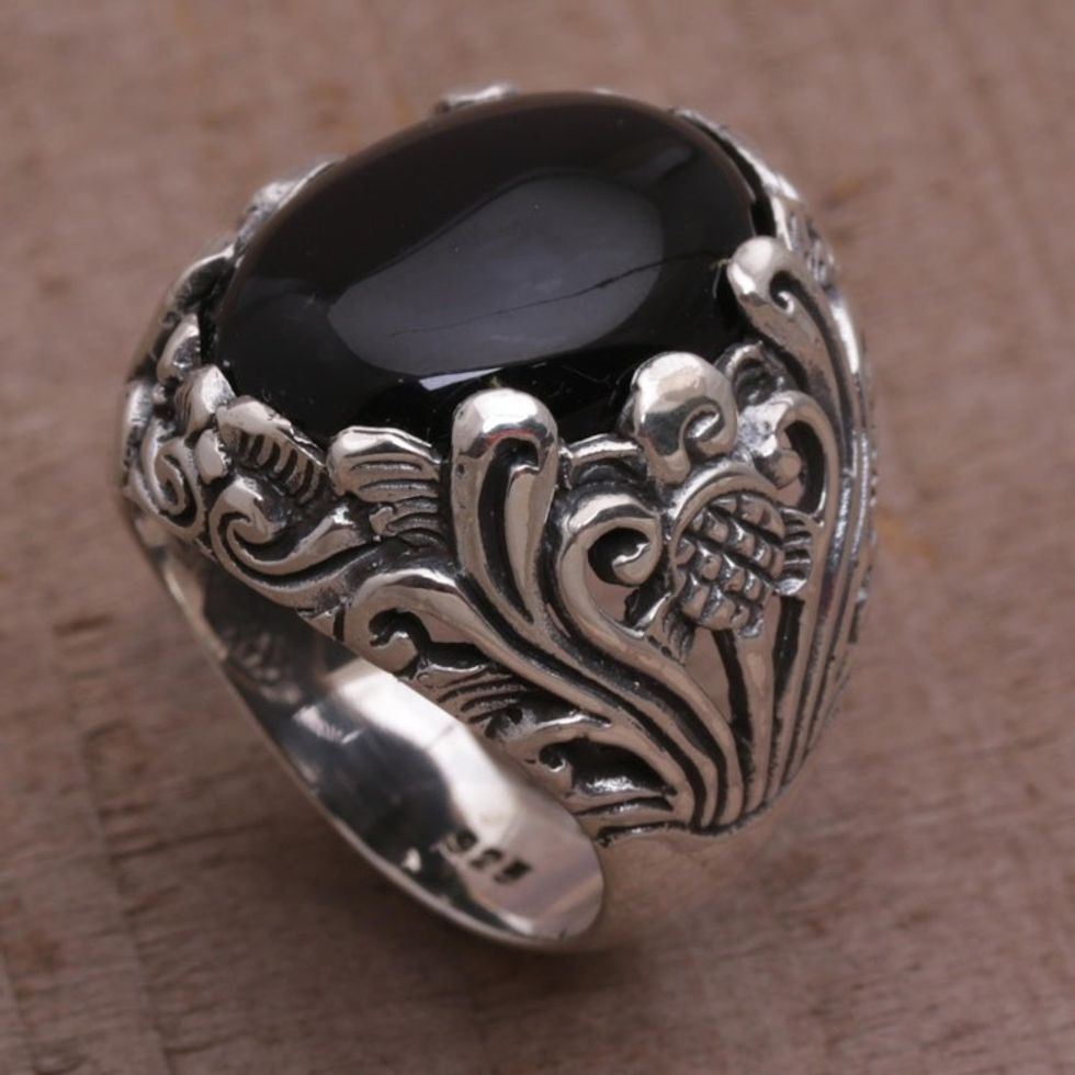 Hand Crafted Floral Sterling Silver Onyx Cocktail Ring 'Night Bloom'