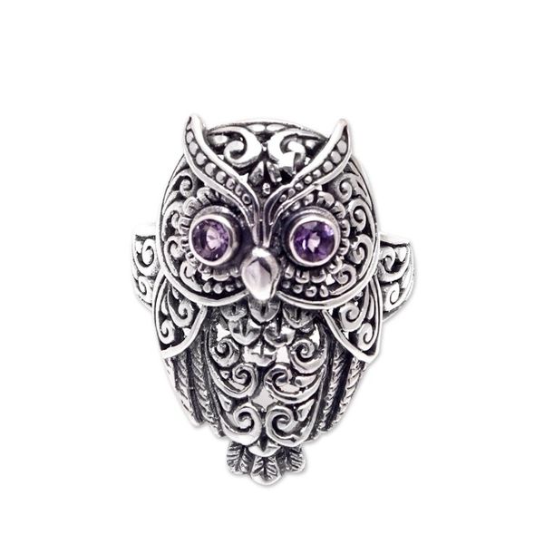 Alternate image for Amethyst and Sterling Silver Owl Cocktail Ring from Bali Purple Baby Owl