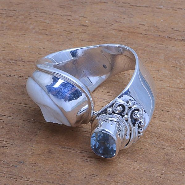 Alternate image for Blue Topaz and Bone Face Cocktail Ring from Bali Sparkling Face