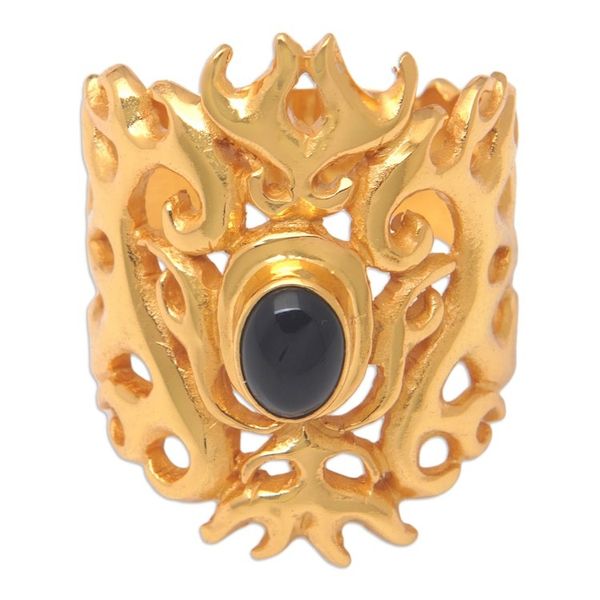 Alternate image for Traditional 22k Gold-Plated Cocktail Ring with Onyx Cabochon Flaming Mysticism
