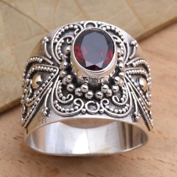 Alternate image for Balinese Silver and Oval Garnet Ring with Gold Accents Oval Crimson Glow