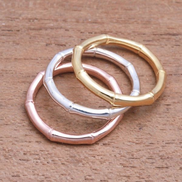 Alternate image for 3 Bamboo Motif Rings in Silver, Gold and Rose Gold Bamboo Trio