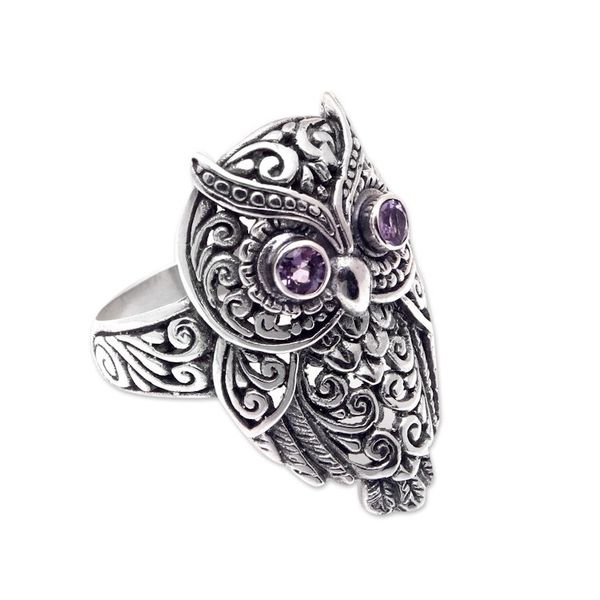 Alternate image for Amethyst and Sterling Silver Owl Cocktail Ring from Bali Purple Baby Owl