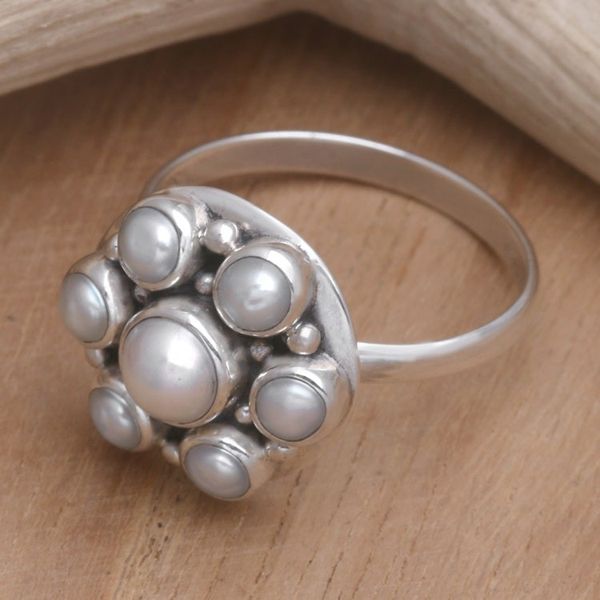 Alternate image for Sterling Silver and Pearl Cluster Ring White Rose
