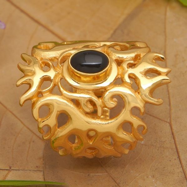 Alternate image for Traditional 22k Gold-Plated Cocktail Ring with Onyx Cabochon Flaming Mysticism