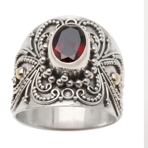 Alternate image for Balinese Silver and Oval Garnet Ring with Gold Accents Oval Crimson Glow