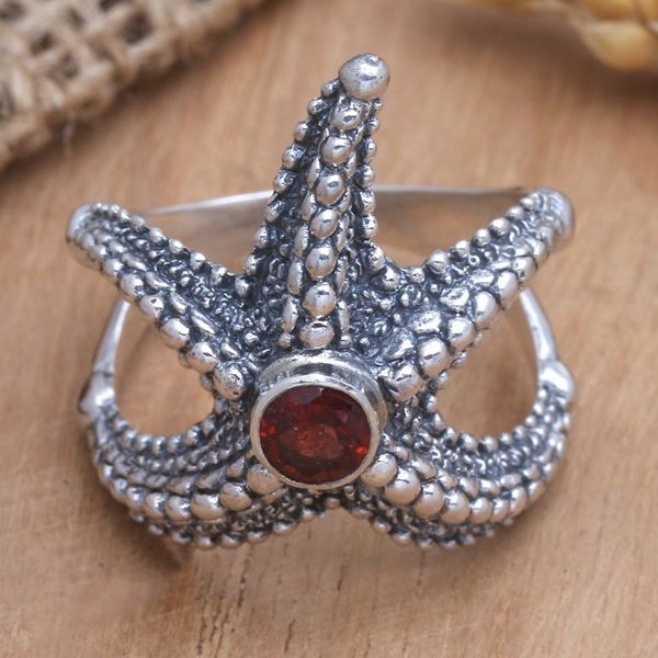 Alternate image for Garnet Sterling Silver Starfish Cocktail Ring from Bali Red Starfish