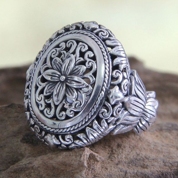 Alternate image for Hand Made Floral Sterling Silver Cocktail Ring Precious Lotus