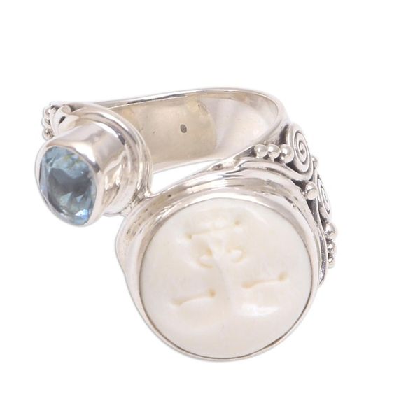 Alternate image for Blue Topaz and Bone Face Cocktail Ring from Bali Sparkling Face
