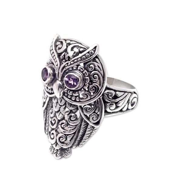 Alternate image for Amethyst and Sterling Silver Owl Cocktail Ring from Bali Purple Baby Owl