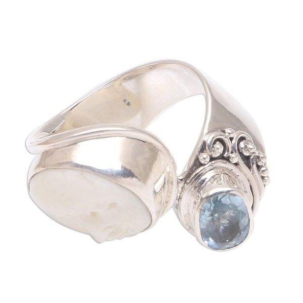 Alternate image for Blue Topaz and Bone Face Cocktail Ring from Bali Sparkling Face