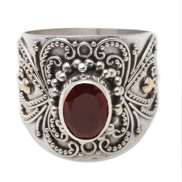 Alternate image for Balinese Silver and Oval Garnet Ring with Gold Accents Oval Crimson Glow