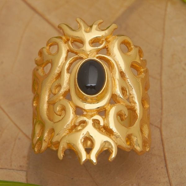 Alternate image for Traditional 22k Gold-Plated Cocktail Ring with Onyx Cabochon Flaming Mysticism
