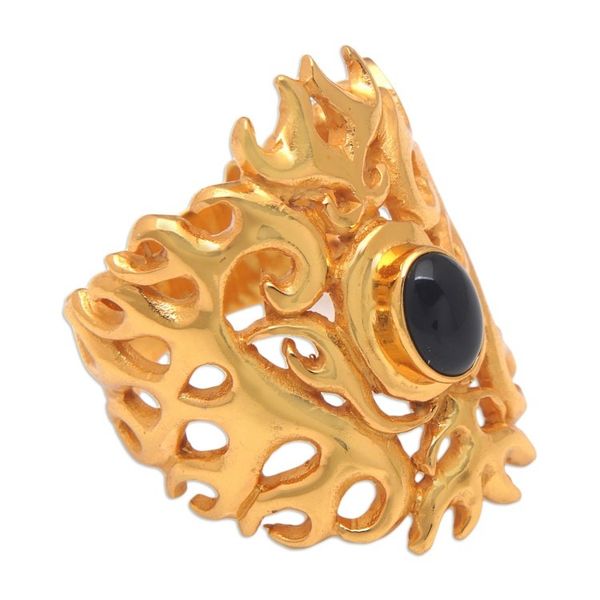 Alternate image for Traditional 22k Gold-Plated Cocktail Ring with Onyx Cabochon Flaming Mysticism