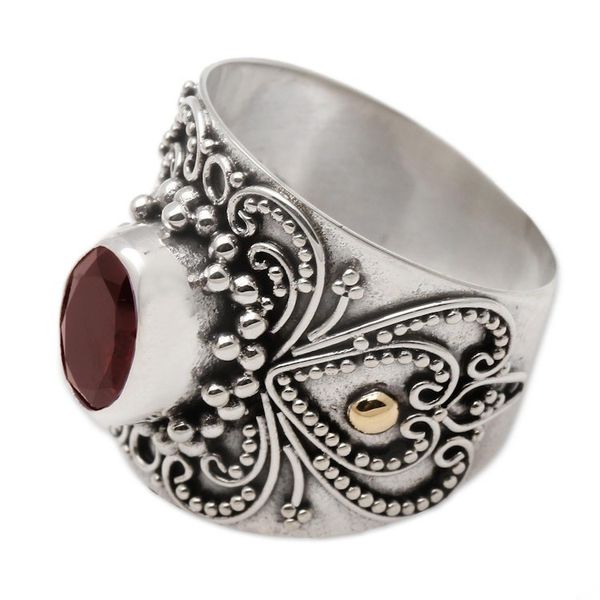 Alternate image for Balinese Silver and Oval Garnet Ring with Gold Accents Oval Crimson Glow