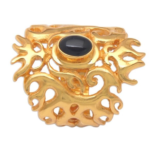 Alternate image for Traditional 22k Gold-Plated Cocktail Ring with Onyx Cabochon Flaming Mysticism
