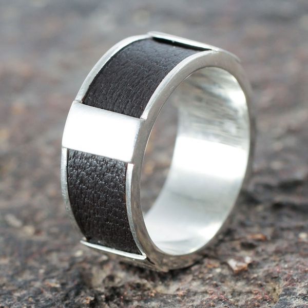 Alternate image for Artisan Crafted Leather Accent Sterling Silver Band Ring Leather Minimalist