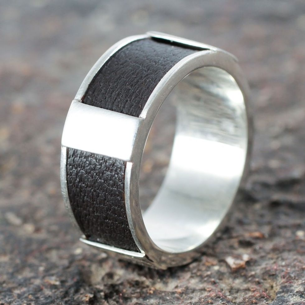Artisan Crafted Leather Accent Sterling Silver Band Ring 'Leather Minimalist'