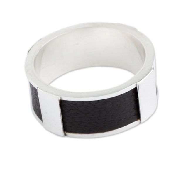 Alternate image for Artisan Crafted Leather Accent Sterling Silver Band Ring Leather Minimalist