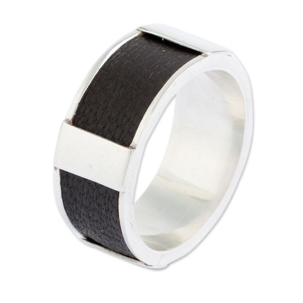 Alternate image for Artisan Crafted Leather Accent Sterling Silver Band Ring Leather Minimalist