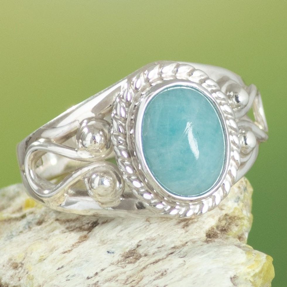 Peru Ornate Silver and Amazonite Single Stone Ring 'Radiant Elegance'