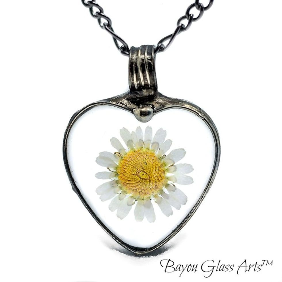 Real Pressed Flower Daisy Pendant Necklace for Women, Stained Glass Jewelry